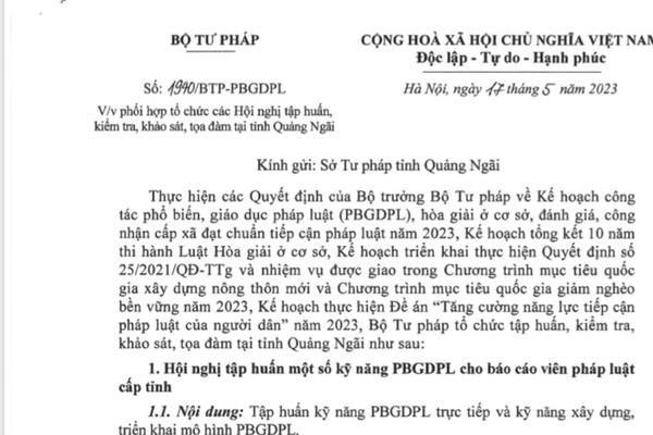 Bộ Tư pháp phối hợp tổ chức các Hội nghị tập huấn, kiểm tra, khảo sát, tọa đàm tại tỉnh Quảng Ngãi